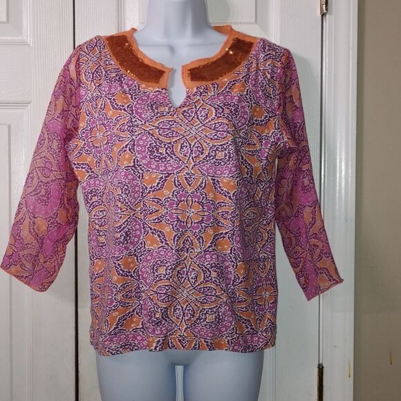 Caribbean Joe tropical  island sheer sleeve blouse top  Sz MP Petite - Picture 1 of 4